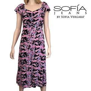 Sofia Jeans Vergara Dress Viscose Pink Multi Shirred Smocked Flutter Sleeves